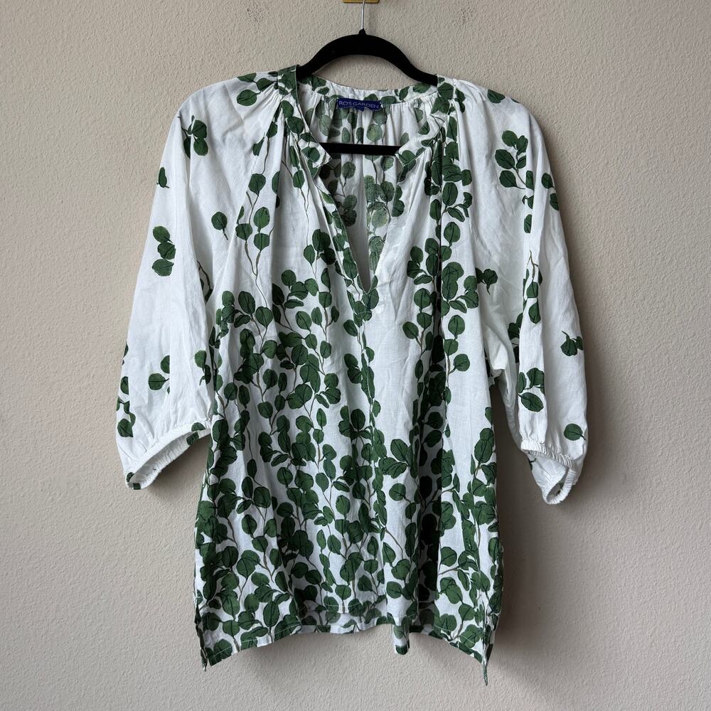 Tuckernuck Ro's Garden Marcia Top White Green Leaf Size L - Picture 2 of 6